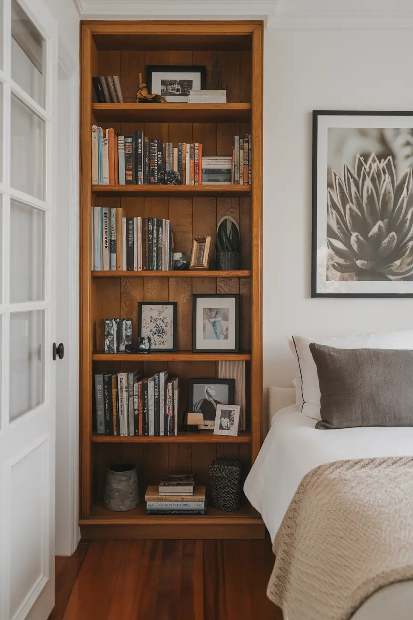 bookshelf styling bedroom